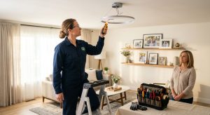 Professional photograph of a licensed electrician in a navy-blue uniform using a voltage tester near a ceiling light fixture in a bright modern living room while a homeowner watches, conveying expertise and safety.