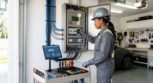 A licensed electrician in a gray uniform installs a smart electrical panel in a bright garage, with a tablet showing energy monitoring graphs and tools neatly arranged.