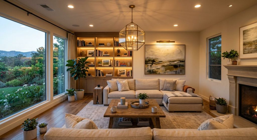 California living room with custom layered lighting design, warm interior atmosphere