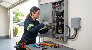 Licensed electrician installing a whole-home surge protector next to an electrical panel in a garage, with tools arranged on a work mat.