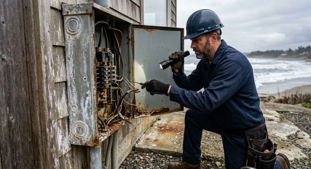 Licensed electrician inspects a corroded outdoor electrical panel on a beachfront home with ocean waves and a cloudy sky in the background.