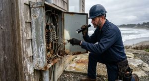 Licensed electrician inspects a corroded outdoor electrical panel on a beachfront home with ocean waves and a cloudy sky in the background.