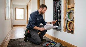 Uniformed electrician kneeling before an open electrical panel in a bright residential hallway, holding a voltage tester and blueprints, with exposed studs and modern wiring visible in the background.