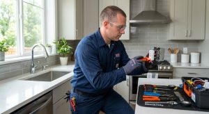 Professional electrician in blue uniform and safety glasses installing a white GFCI outlet in a modern kitchen, using a voltage tester with tools on a mat.