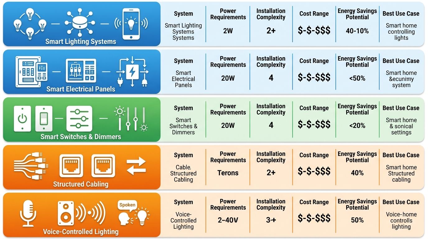 Smart home upgrade comparison matrix showing power requirements, installation complexity, cost range, energy savings, and best use case for five systems: smart lighting, smart panels, smart switches, structured cabling, and voice-controlled lighting.