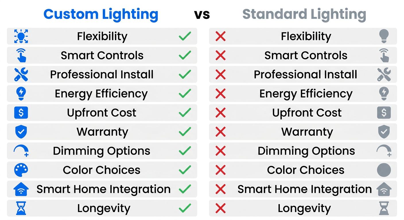 Comparison infographic showing custom lighting design versus standard lighting with green checkmarks and red crosses