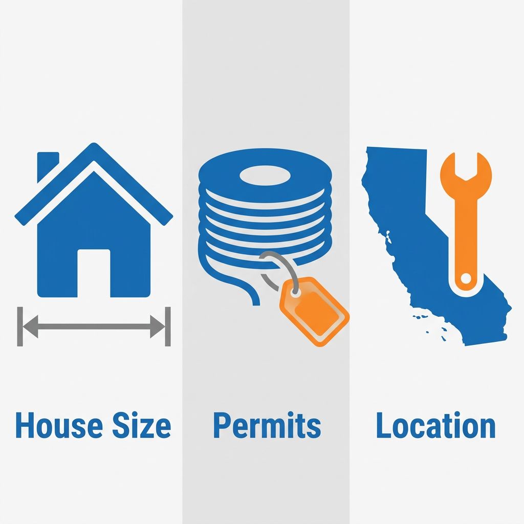 Three-column icon set illustrating key factors for whole-house rewiring cost estimate: house size, permits, and location.