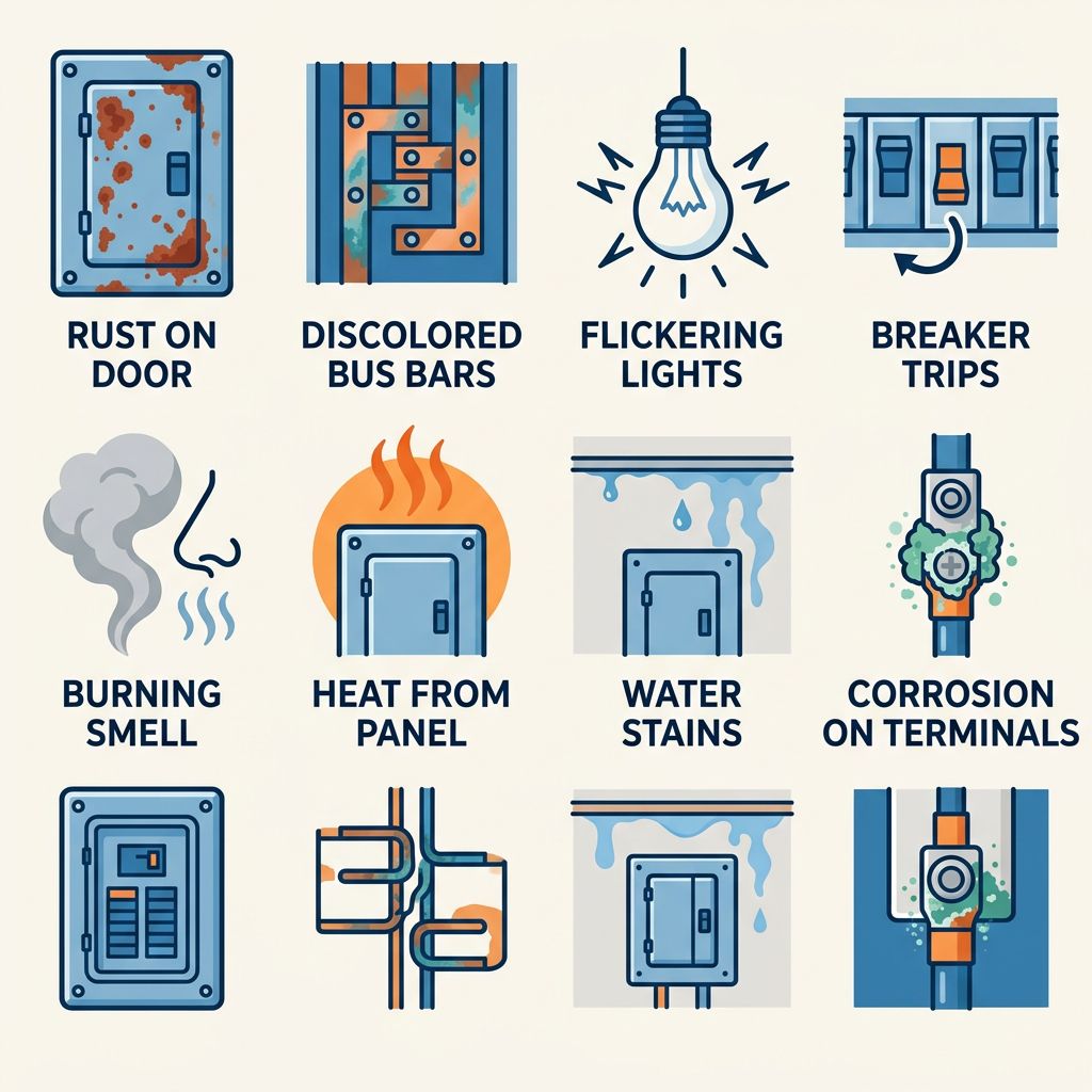 Eight flat design icons in blue and orange showing signs of electrical panel corrosion: rust, discolored bus bars, flickering lights, breaker trips, burning smell, panel heat, water stains, and terminal corrosion, each labeled.