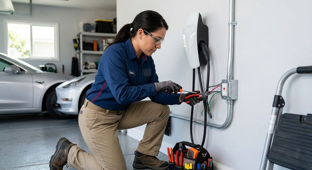 An electrician in Reseda connecting wires to a GFCI-protected outlet for a Level 2 EV charger in a clean residential garage.