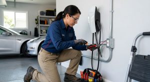 An electrician in Reseda connecting wires to a GFCI-protected outlet for a Level 2 EV charger in a clean residential garage.
