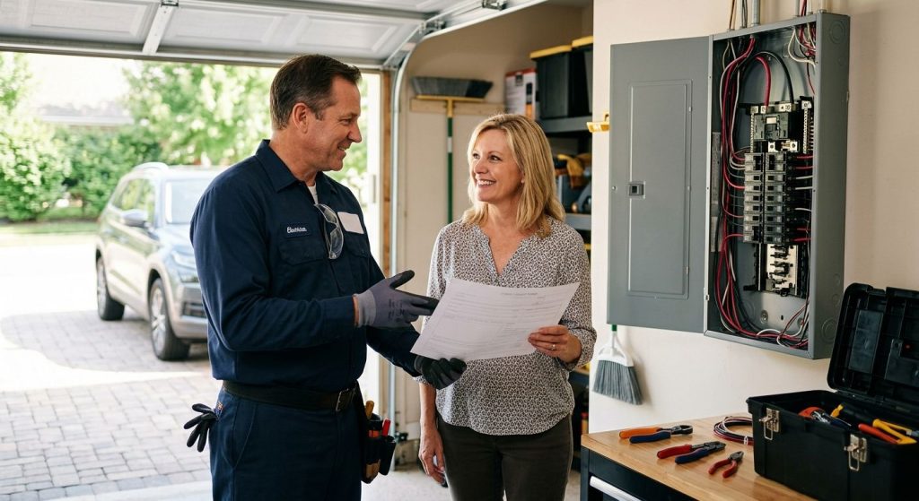 Licensed electrician explaining permit fees to homeowner beside open electrical panel in garage