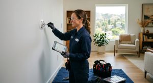 Professional electrician installing smart thermostat in Studio City living room with branded uniform and tablet displaying written estimate