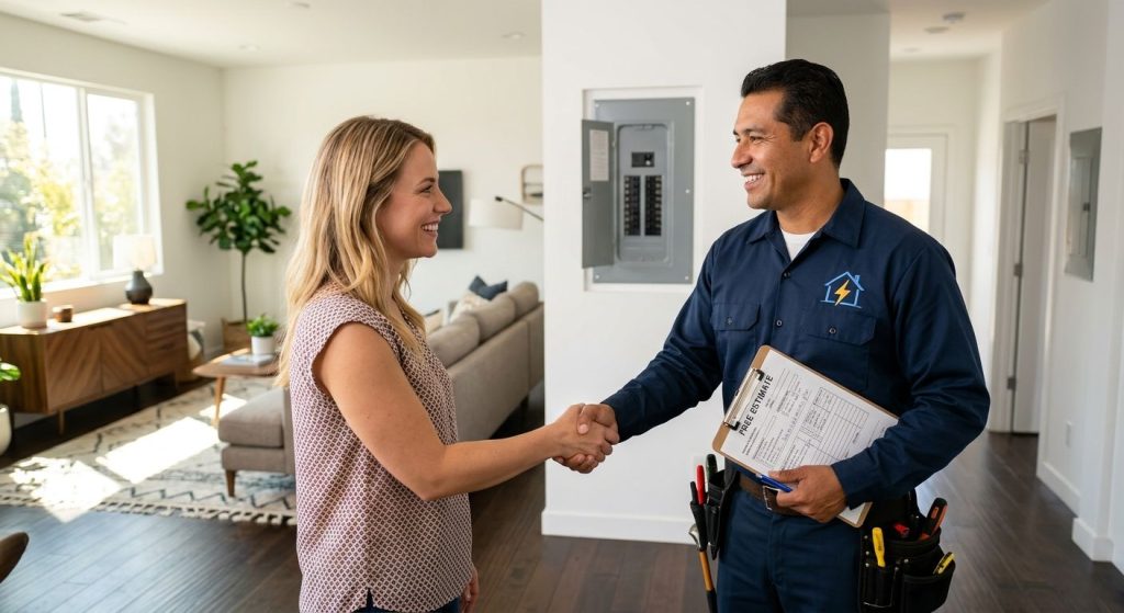 A professional electrician in a uniform holding a clipboard and shaking hands with a smiling homeowner in a bright Los Angeles living room.