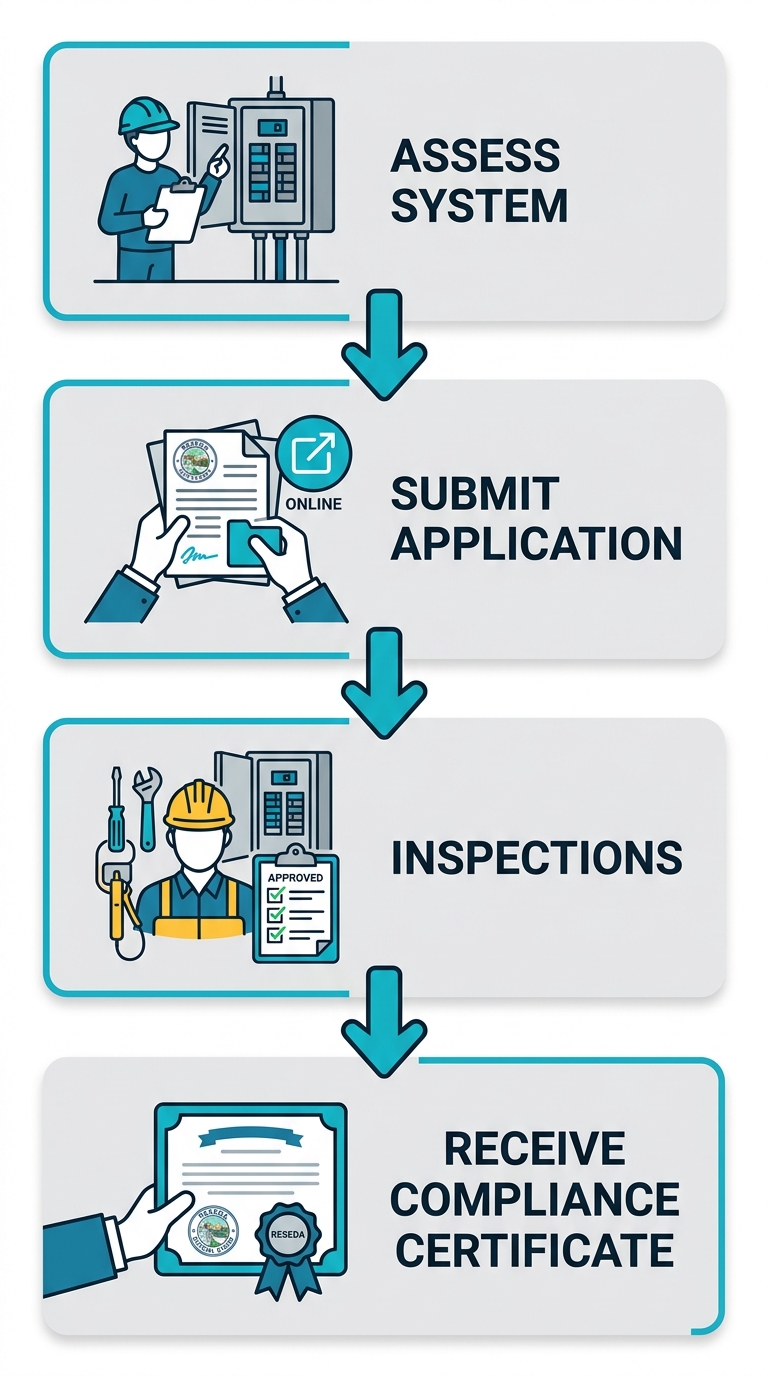 Diagram showing four steps to obtain an electrical permit for panel upgrade: assess system, submit application, inspections, and receive compliance certificate, with blue-green color scheme.