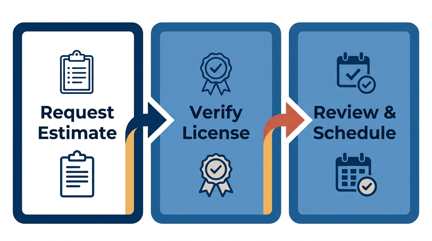 Three-step process flow showing how to hire a licensed electrician in Reseda: request free written estimate, verify license and insurance, review final pricing and schedule service.