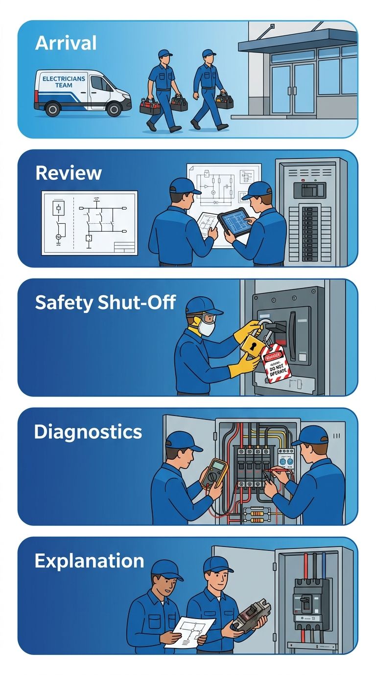 Process flow showing five steps: arrival, review, safety shut-off, diagnostics, and explanation for Electricians Team Reseda breaker repair service.