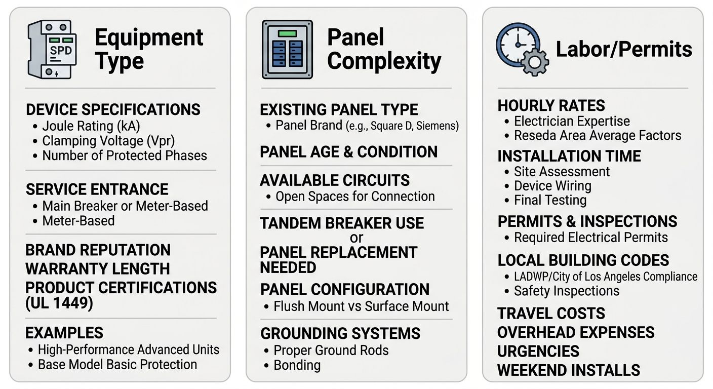 Infographic showing three cost factors for whole home surge protection installation in Reseda: equipment type, panel complexity, and labor/permits