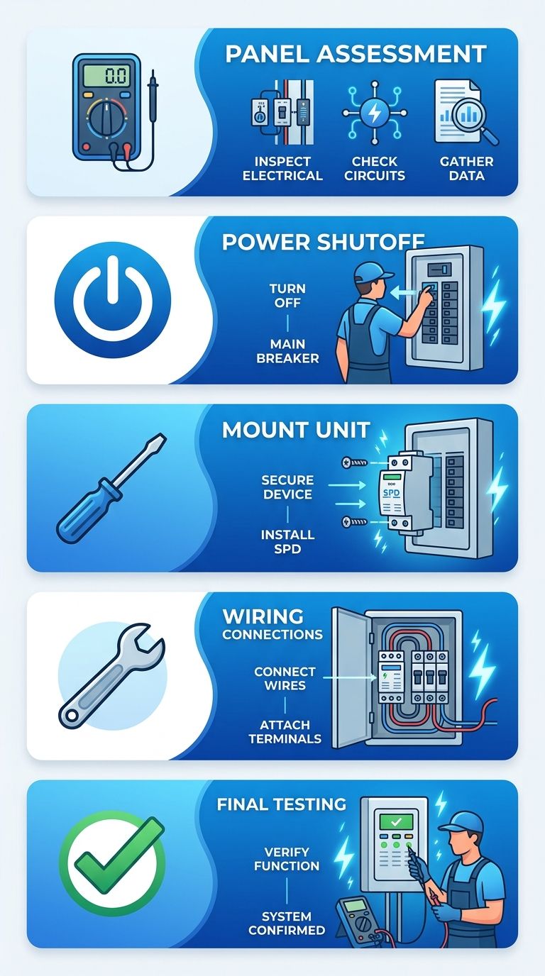 Process flow diagram showing whole home surge protector installation steps